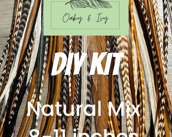 Feather Hair Extensions - 10-20 real feathers + beads/tool, 8-11 in. long, Natural mix hair feathers, DIY kit