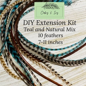 Feather Hair Extensions - 10 feathers + beads + tool/7-11 inches Long/ Turquoise, Natural mix/ Hair feathers extension kit/Boho/Country/Chic