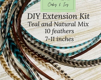 Feather Hair Extensions - 10 feathers + beads + tool/7-11 inches Long/ Turquoise, Natural mix/ Hair feathers extension kit/Boho/Country/Chic