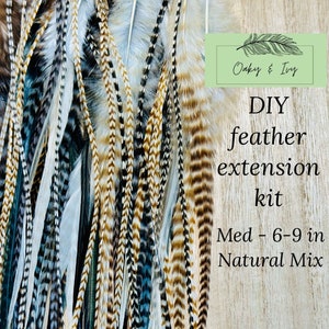 Feather Hair Extensions DIY kit -10 - 20 feathers + beads + tool/MED length 6-9 inches/Natural Mix hair feathers/hair feather extensions