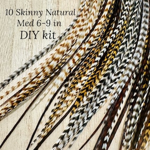 Feather Hair Extensions DIY Kit - 10 Skinny Hair feathers + beads and tool, Medium/6-9 inches long, Natural Mix, hair feather extension