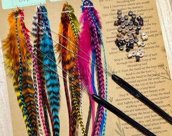 SALE! Feather Hair Extensions - 20 real feathers + beads and tool, MED 6-9 inches long, Colorful mix hair feathers extension DIY kit