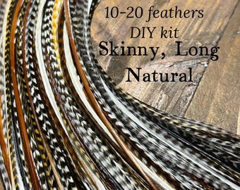 Extensiones de plumas finas y largas, de 10 a 20 plumas + cuentas y herramienta, kit de bricolaje, extensiones de plumas de cabello natural, plumas finas.