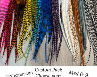 CUSTOM pack Feather Hair Extensions - CHOOSE the colors - 10 real feathers + beads and tool, Med 6-9 inches, hair feathers extension DIY kit