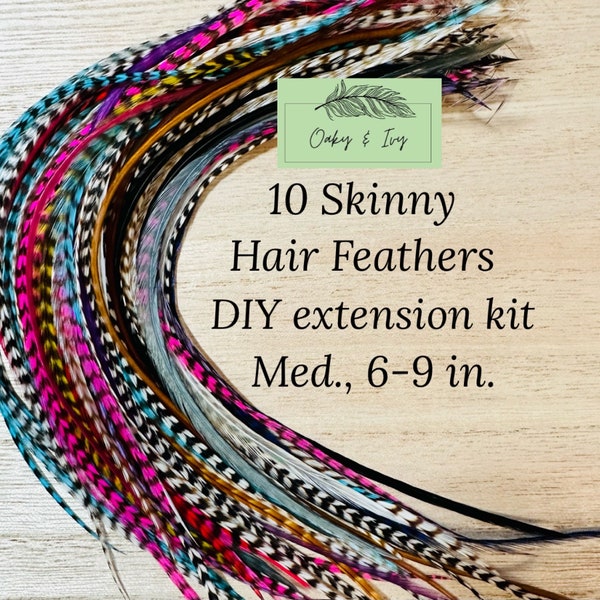 Feather Hair Extensions - 10 Skinny Hair feathers + beads and tool, Medium/6-9 inches long, Bright Color Mix, hair feather extension DIY kit