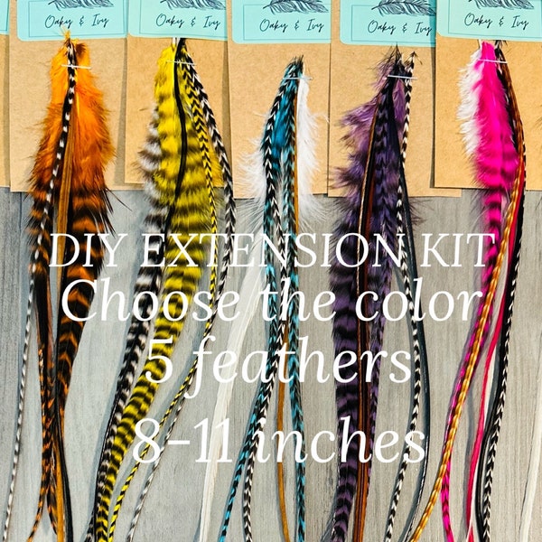 Choose your color Feather Hair Extensions DIY kit - 5 real feathers + beads + tool, 8-11 inches long/ Hair feathers extension kit/Long