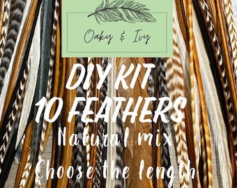 Feather Hair Extensions DIY kit -10 feathers + beads + tool/Natural Mix hair feathers/hair feather extension/choose length-Short/Med/Long/XL