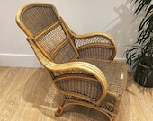 vintage Boho Style Rattan Cane Bamboo Reclining Lounge Chair Seat Armchair