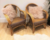 Pair of Vintage Boho Style Rattan Cane Bamboo Lounge Chair Seat Armchair