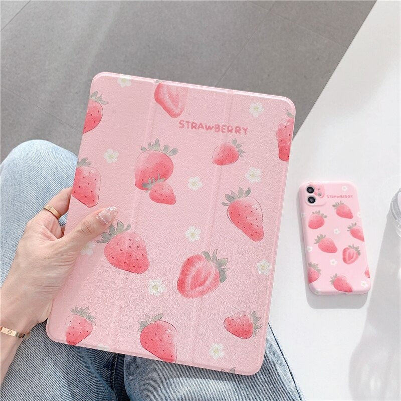 Summer pink strawberry cute iPad case with pencil holder for iPad9.7&…