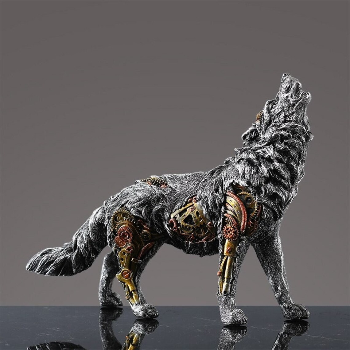 Mechanical Wolf Statue Steampunk Décor Crafted Animal Figurine Etsy