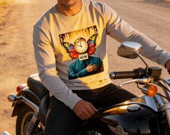 Surrealistyczna koszula z długim rękawem i zegarem w kształcie motyla – koszulka z motywem sztuki filozoficznej