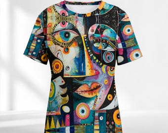 Abstrakt konst T-shirt: kubism/picasso-stil färgglatt tryck T-shirt