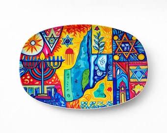 Kolorowy talerz do serwowania Judaica | Sztuka żydowska, Menora, Symbole Gwiazdy Dawida