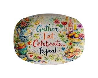 Taca do serwowania Gather Eat Celebrate Repeat, talerz polimerowy 14x10, można myć w zmywarce