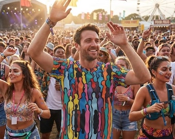 Męska koszulka z grafiką | Kolorowa grafika tłumu, strój festiwalowy