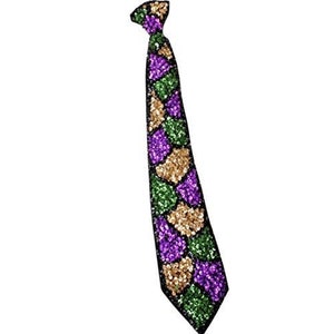 May include: A sequined tie with a pattern of green, gold, and purple sequins. The tie is black and has a pointed end.