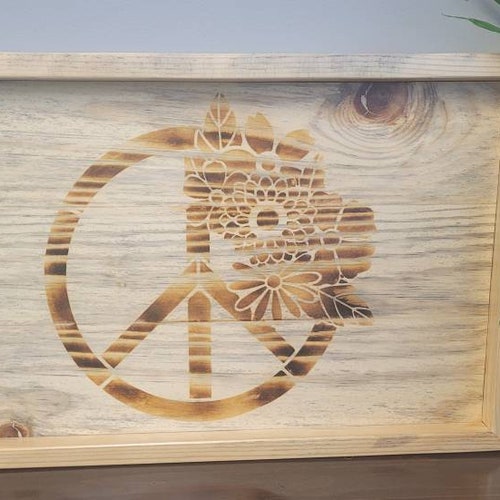 Peace Sign Flowers Floral Wood Burned Handmade Blue Pine Tray - 21x13.5x1.5