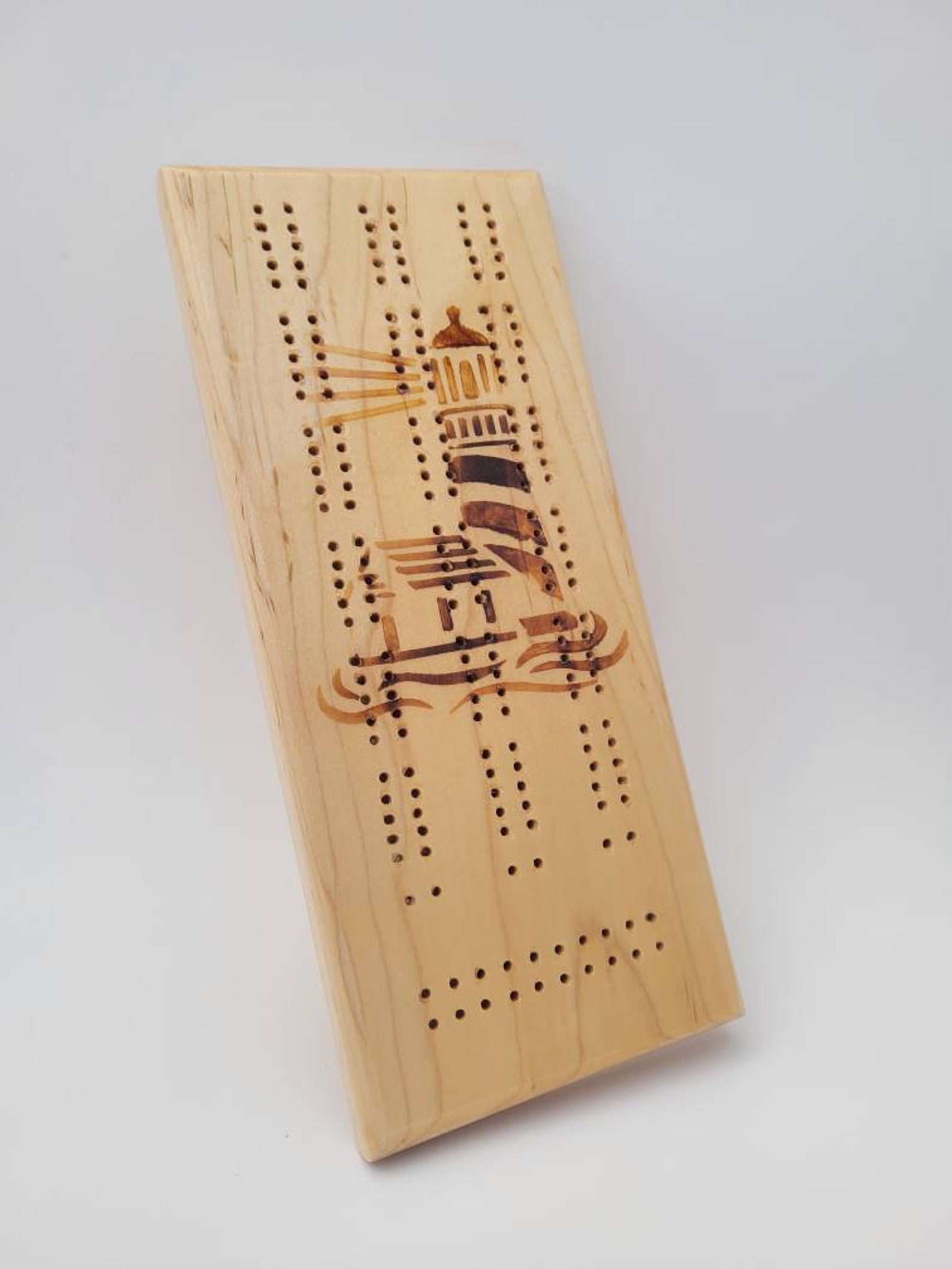 Handmade Maple Cribbage Board with Wood Burned Lighthouse Etsy