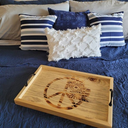 Peace Sign Flowers Floral Wood Burned Handmade Blue Pine Tray - 21x13.5x1.5