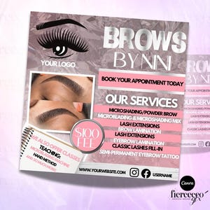 Puede incluir: Un folleto rosa y blanco que anuncia servicios de cejas, que incluyen microblading, microshading, cejas en polvo, extensiones de pestañas, laminación de cejas y tatuaje de cejas. El folleto también anuncia clases de microblading y método manual. El folleto incluye el texto "Brows By Nini" y "Reserva tu cita hoy".