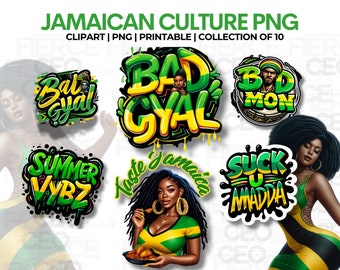 May include: A set of 10 digital clipart images celebrating Jamaican culture. The images are in a colourful, graffiti-style font and include phrases like "Bad Gyal", "Summer Vybz", and "Suck U Madda".