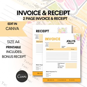 May include: A printable two-page invoice and receipt template for a juice bar. The template features a yellow and orange color scheme with a cartoon illustration of a glass of juice. The template includes sections for invoice number, date, description, price, total amount, tax, amount due, and due date. The template also includes sections for making payments and contact information.