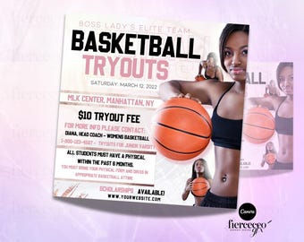 Basketball Flyer, Basketball Tryouts Flyer, Womens Basketball, Training Flyer, College Basketball, Basketball Team, Editable Canva Template