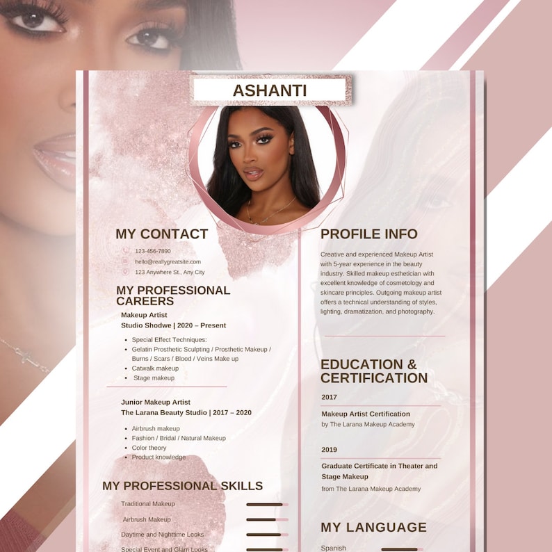 Puede incluir: Un curr&iacute;culum vitae para una maquilladora llamada Ashanti. El curr&iacute;culum incluye su informaci&oacute;n de contacto, experiencia profesional, educaci&oacute;n y certificaciones, habilidades profesionales y habilidades ling&uuml;&iacute;sticas. El curr&iacute;culum est&aacute; dise&ntilde;ado con un esquema de color rosa y blanco.