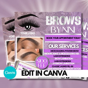 Op de afbeelding: Een flyer die wenkbrauwdiensten adverteert met de tekst "Brows By Nini" en "Maak vandaag nog een afspraak". De flyer somt diensten op zoals microblading, microshading, wimperverlenging, wenkbrauwlaminering en wenkbrauwlaminering. De flyer bevat ook de tekst "€ 100 Vergoeding" en "Bewerken in Canva".
