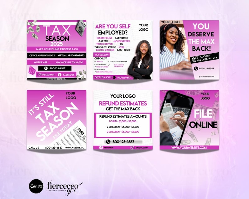 May include: Four pink and white social media graphics with text that reads "Tax Season 2025", "Are you self employed?", "You deserve the max back!" and "It's still tax season".