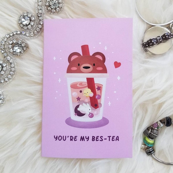 Friend Valentines Day Card | Friendship Valentines Greeting | Happy Valentines Bestie | Bubble Tea Greeting Card | Galentines