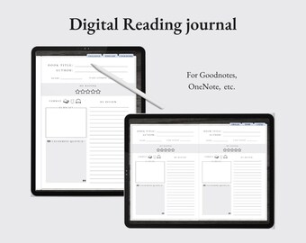 May include: A digital reading journal template for Goodnotes, OneNote, and other note-taking apps. The template features sections for book title, author, format, summary, my rating, my review, and favorite quotes.