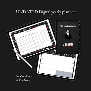 May include: A digital planner with a black and white monthly calendar and a black and white weekly planner. The cover of the planner features a black and white illustration of a ghost face mask with the text "This year is gonna be a SCREAM".