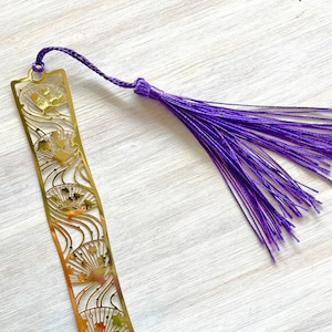 Metal bookmark Asian style * Floral fans purple tassel, Sakura vines with red tassel