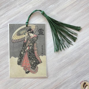 Japanese artwork bookmark Utagawa Toyokuni I Yuki Woodblock print bookmark Geisha bookmark Japanese enthusiast gift Book lover gift Sea green tassel