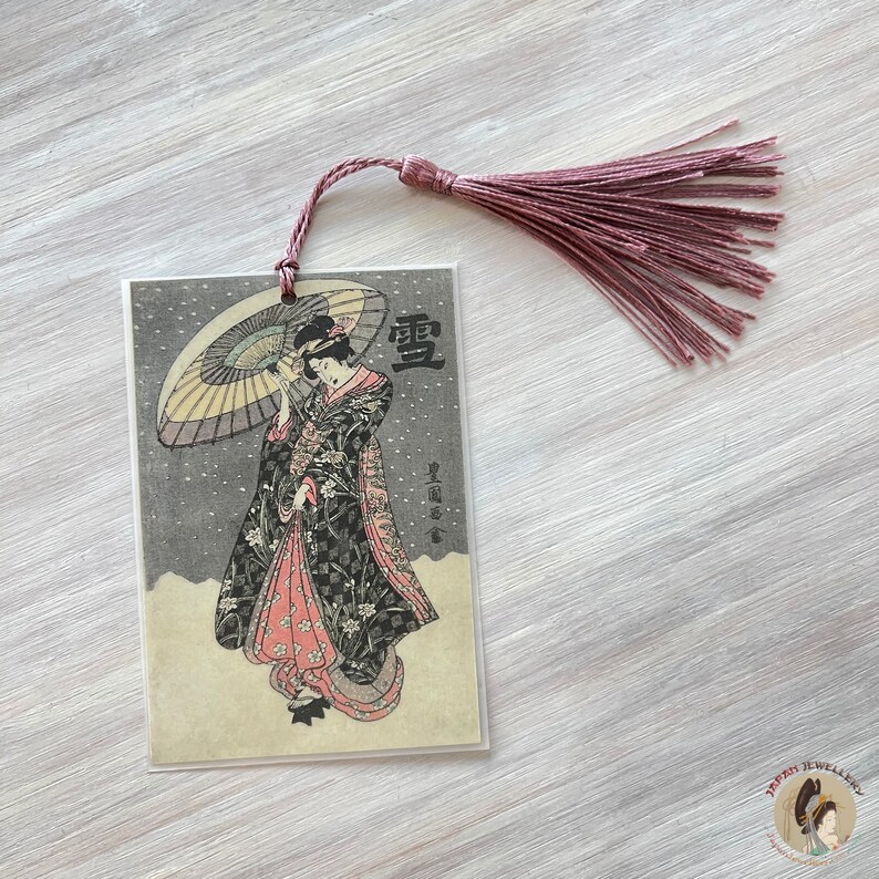 Japanese artwork bookmark Utagawa Toyokuni I Yuki Woodblock print bookmark Geisha bookmark Japanese enthusiast gift Book lover gift Plum pink tassel