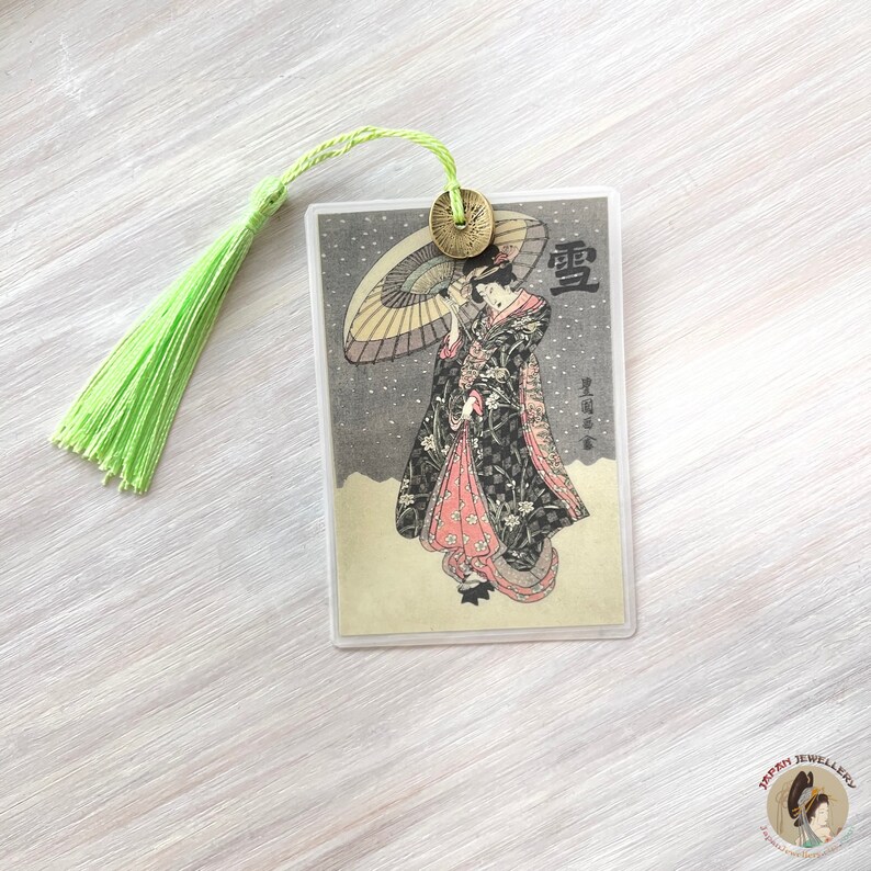 Japanese artwork bookmark Utagawa Toyokuni I Yuki Woodblock print bookmark Geisha bookmark Japanese enthusiast gift Book lover gift Spring green tassel