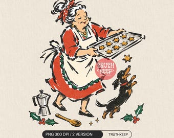 Christmas Nonna PNG, Italian Grandma Baking Cookies, Dachshund Holiday Kitchen, Vintage Sublimation Download
