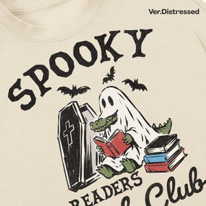 spooky readers book club png, ghost alligator reading book png, halloween book lover sublimation design, funny gator ghost digital download, retro bookish halloween shirt graphic, cute crocodile ghost with books, spooky reader club artwork, halloween library png, bookworm ghost design, reading alligator clipart, coffin and bats halloween graphic, transparent background png for t shirts sweatshirts mugs tumblers tote bags stickers dtf printing sublimation crafts and book lover gifts, reader gifts