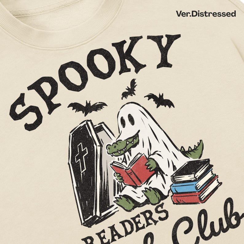 spooky readers book club png, ghost alligator reading book png, halloween book lover sublimation design, funny gator ghost digital download, retro bookish halloween shirt graphic, cute crocodile ghost with books, spooky reader club artwork, halloween library png, bookworm ghost design, reading alligator clipart, coffin and bats halloween graphic, transparent background png for t shirts sweatshirts mugs tumblers tote bags stickers dtf printing sublimation crafts and book lover gifts, reader gifts