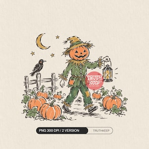 May include: A digital illustration of a scarecrow with a pumpkin head wearing a straw hat and green clothing, holding a lantern. The scene includes a black crow on a wooden fence, orange pumpkins, stars, and a crescent moon. Text reads TRUTH KEEP.