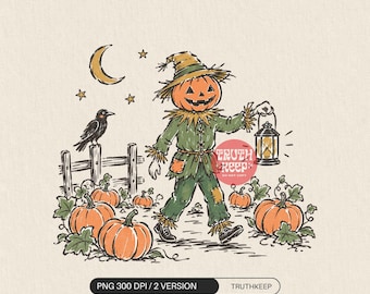 Pumpkin Head Scarecrow PNG, Halloween Lantern and Crow in Vintage Pumpkin Patch Graphic