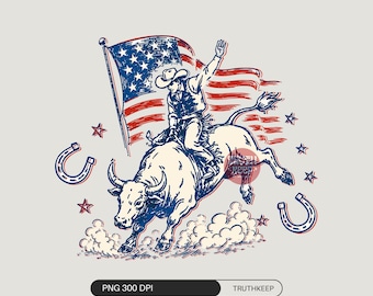 Patriotic Bull Riding PNG, 4th of July Cowboy Rodeo Shirt Design, American Flag Bull Rider Clipart, Retro Western Sublimation, Summer Rodeo