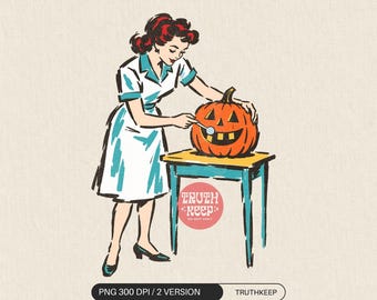 Vintage Dental Halloween PNG, Dentist Examining Pumpkin Teeth, Dental Hygienist Sublimation Download