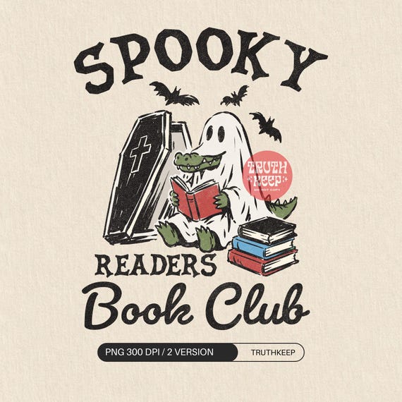Spooky Readers Book Club PNG, Ghost Alligator Reading PNG, Halloween Book Lover Sublimation, Retro Bookish Digital Download
