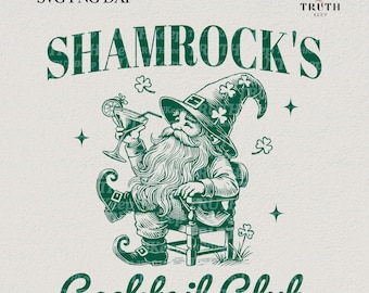 May include: Green illustration featuring a leprechaun in a hat with shamrocks, holding a cocktail. The text reads "Shamrock's Cocktail Club" and "SVG-PNG-DXF". The image has a vintage, whimsical style.