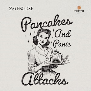 Op de afbeelding: Zwart-witte illustratie van een vrouw die een bord met pannenkoeken vasthoudt met de tekst "Pancakes And Panic Attacks".
