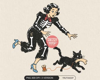 Vintage Skeleton Woman PNG, Retro Halloween Black Cat PNG, Spooky Cat Chase Shirt Design, Sublimation
