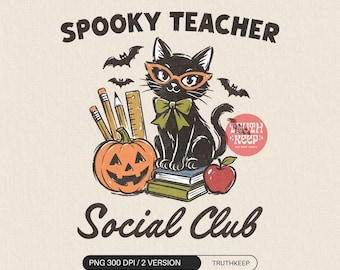 Spooky Teacher Social Club PNG, Black Cat Halloween Teacher, Retro School Supplies Sublimation Download
